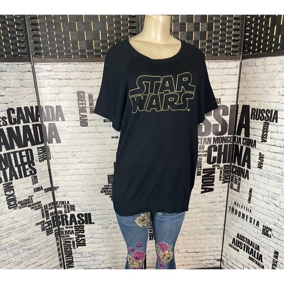 Star Wars Torrid 2 Black Embroidered Logo Name Ribbed Trim Short Sleeve Sweater - Picture 1 of 5
